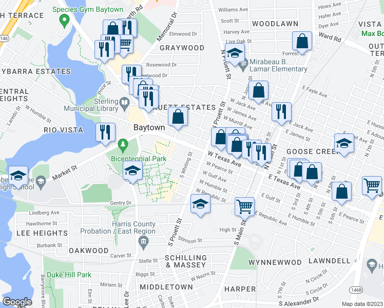 map of restaurants, bars, coffee shops, grocery stores, and more near 522 West Pearce Street in Baytown