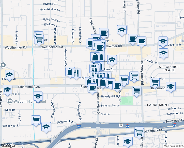 map of restaurants, bars, coffee shops, grocery stores, and more near 3021 Fairdale Estates Court in Houston