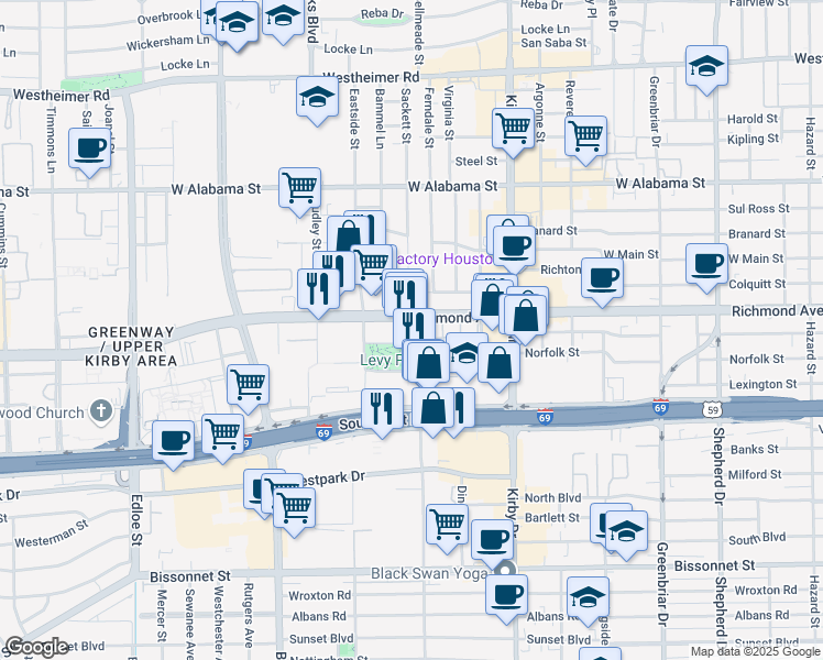 map of restaurants, bars, coffee shops, grocery stores, and more near 3630 Wakeforest Avenue in Houston