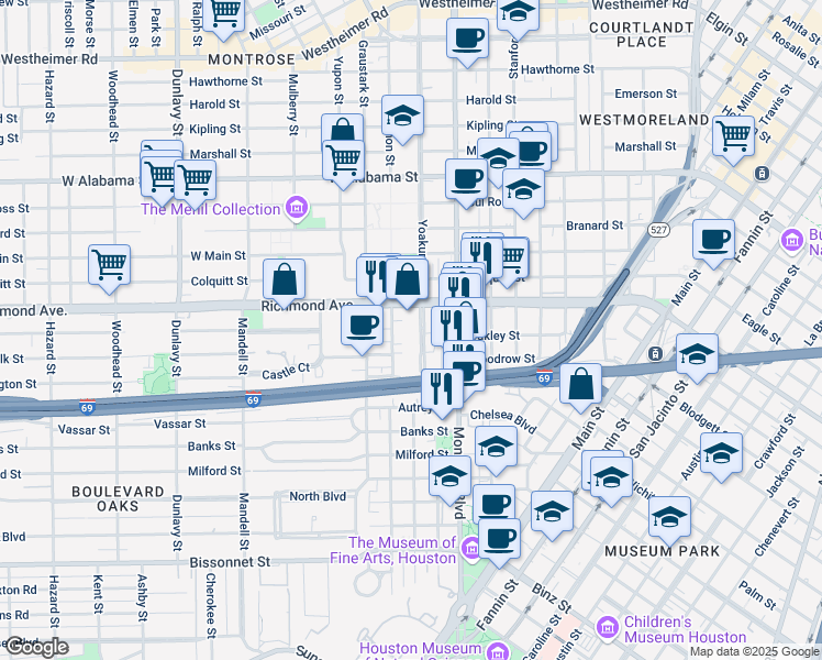 map of restaurants, bars, coffee shops, grocery stores, and more near 4454 Yoakum Boulevard in Houston