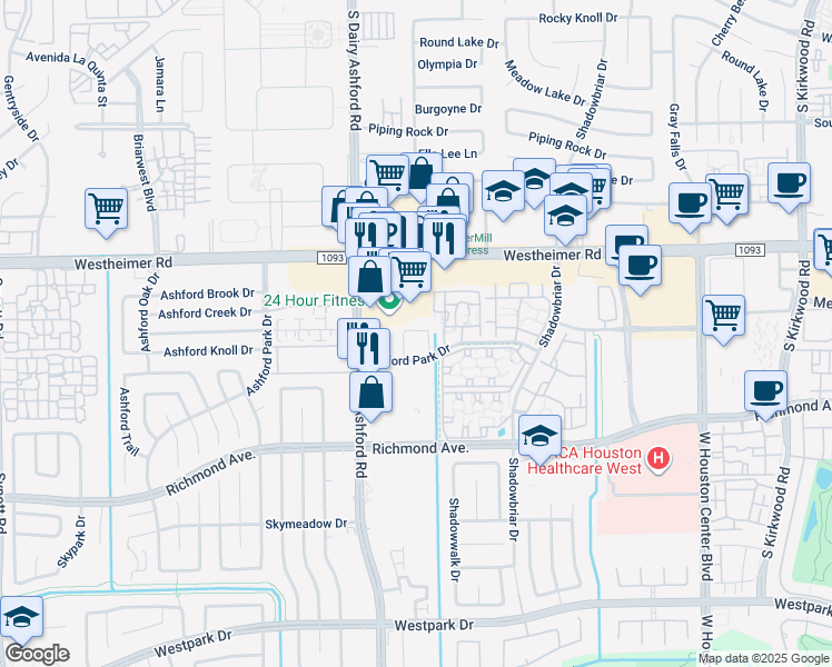 map of restaurants, bars, coffee shops, grocery stores, and more near 12440 Oxford Park Drive in Houston