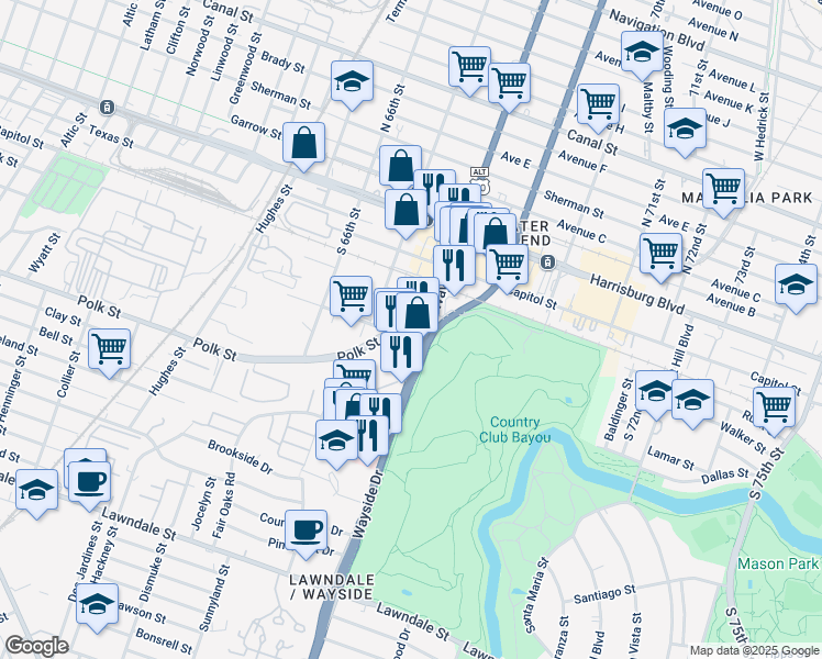 map of restaurants, bars, coffee shops, grocery stores, and more near 614 South Wayside Drive in Houston