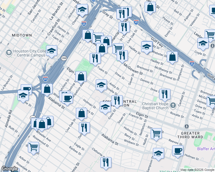 map of restaurants, bars, coffee shops, grocery stores, and more near 3011 Delano Street in Houston