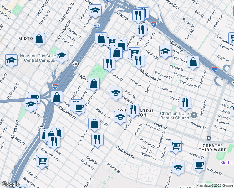 map of restaurants, bars, coffee shops, grocery stores, and more near 2613 Elgin Street in Houston
