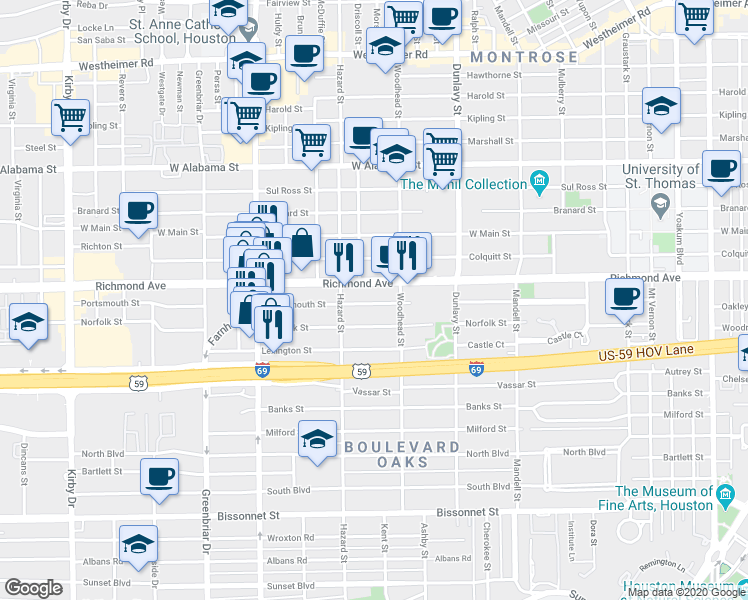 map of restaurants, bars, coffee shops, grocery stores, and more near 1835 Portsmouth Street in Houston