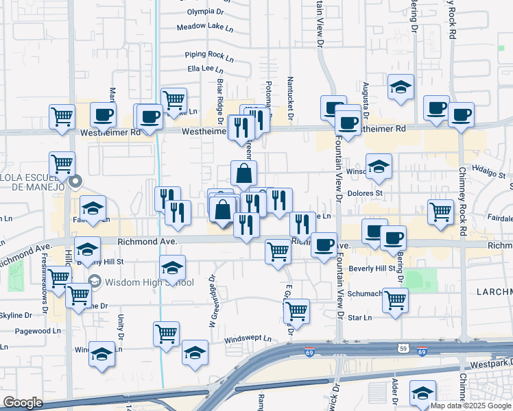 map of restaurants, bars, coffee shops, grocery stores, and more near 110 Fairdale Lane in Houston