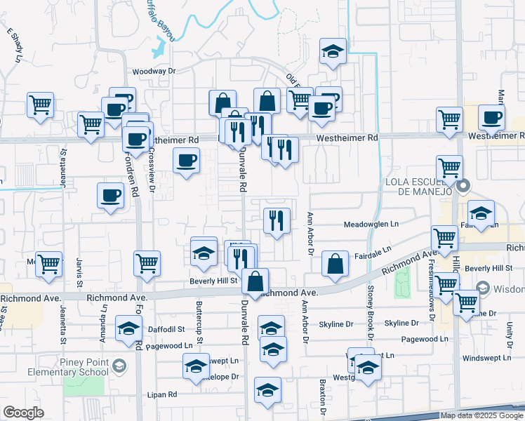 map of restaurants, bars, coffee shops, grocery stores, and more near 2827 Dunvale Road in Houston