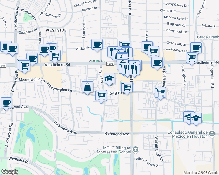 map of restaurants, bars, coffee shops, grocery stores, and more near 113 Hayes Road in Houston
