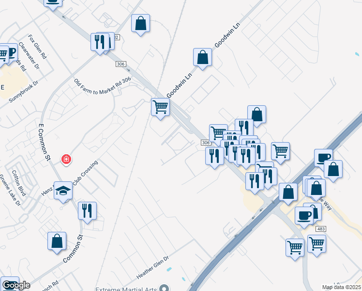 map of restaurants, bars, coffee shops, grocery stores, and more near 451 Farm to Market Road 306 in New Braunfels