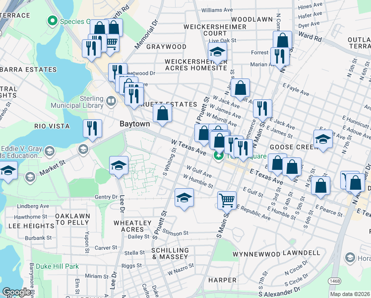 map of restaurants, bars, coffee shops, grocery stores, and more near 415 West Pearce Street in Baytown