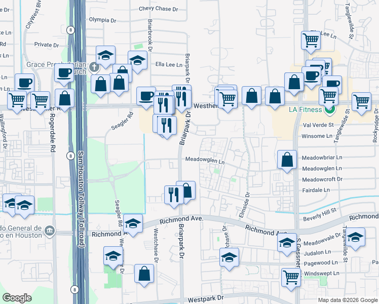 map of restaurants, bars, coffee shops, grocery stores, and more near 2929 Briarpark Drive in Houston