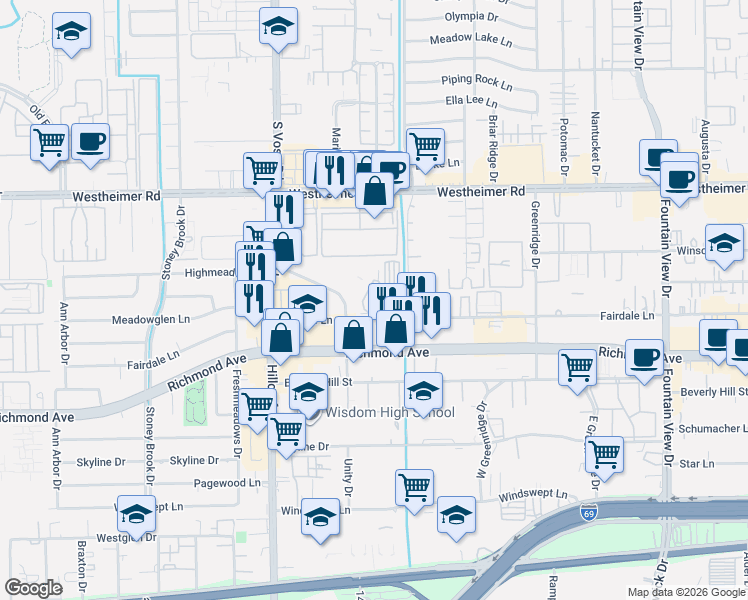 map of restaurants, bars, coffee shops, grocery stores, and more near 6396 Richmond Avenue in Houston
