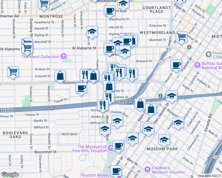 map of restaurants, bars, coffee shops, grocery stores, and more near 4409 Montrose Boulevard in Houston