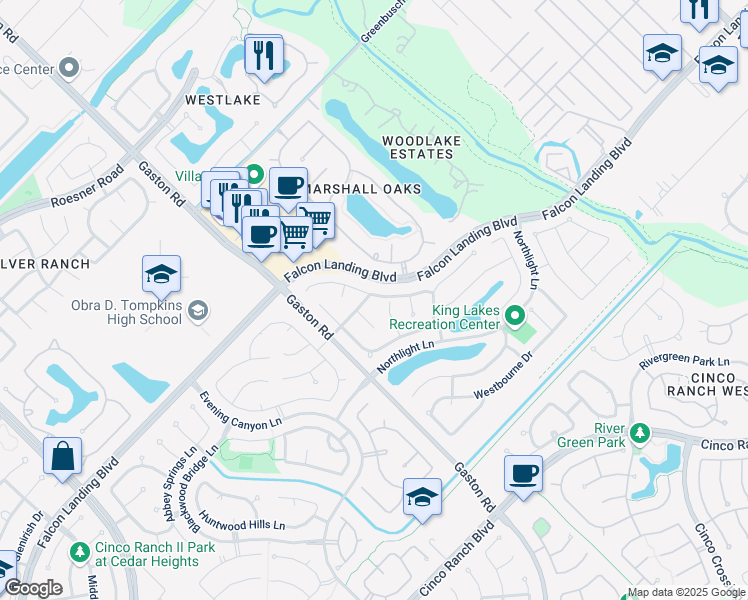 map of restaurants, bars, coffee shops, grocery stores, and more near 4315 Bay Wind Court in Katy