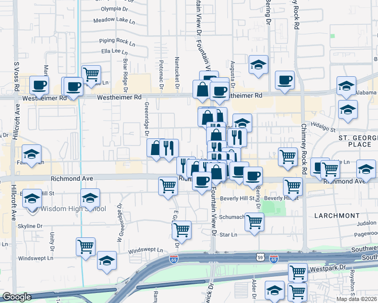 map of restaurants, bars, coffee shops, grocery stores, and more near 3021 Fairdale Estates Court in Houston