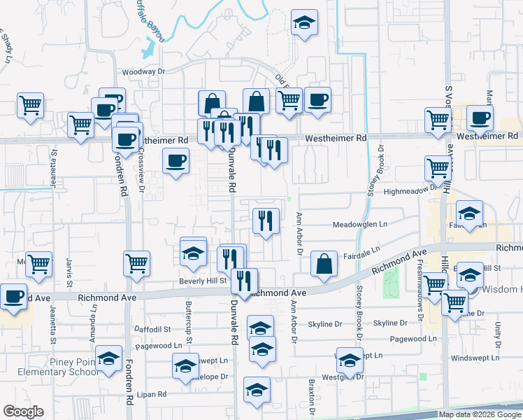map of restaurants, bars, coffee shops, grocery stores, and more near 2827 Dunvale Road in Houston