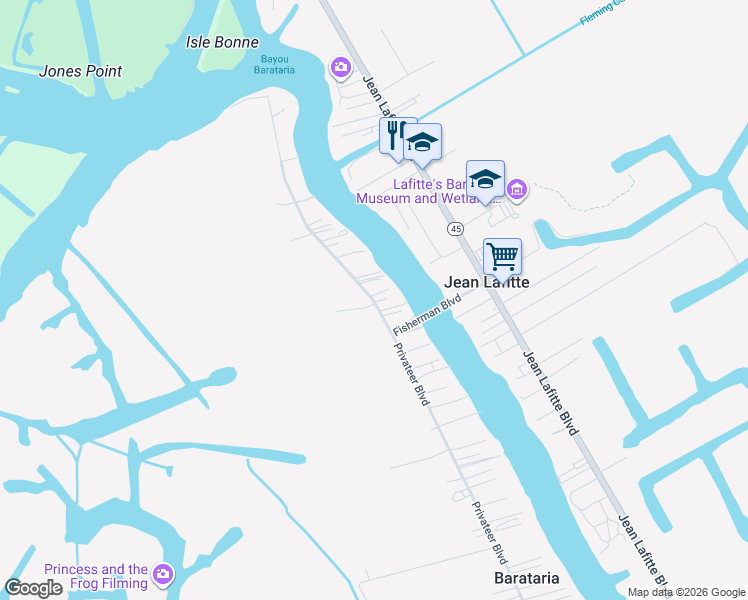 map of restaurants, bars, coffee shops, grocery stores, and more near 2617 Privateer Boulevard in Barataria