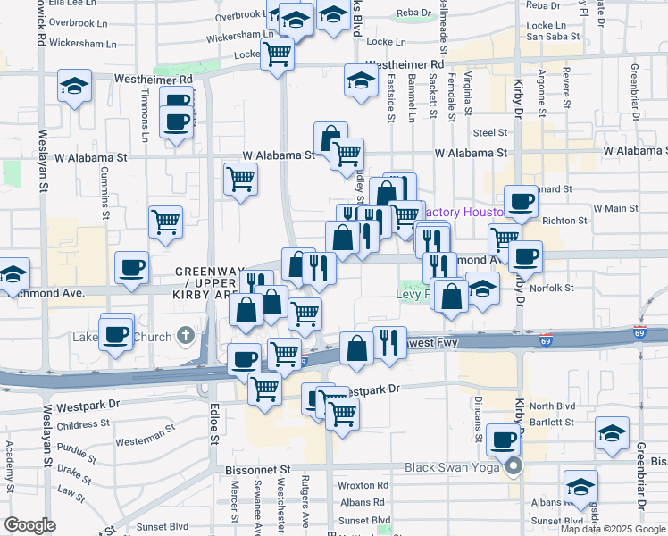 map of restaurants, bars, coffee shops, grocery stores, and more near 10 Portsmouth Street in Houston
