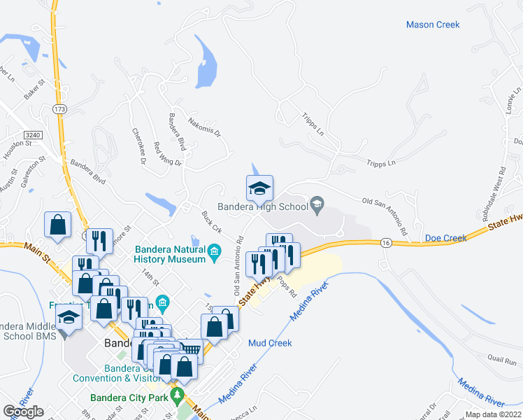 map of restaurants, bars, coffee shops, grocery stores, and more near 473 Old San Antonio Road in Bandera