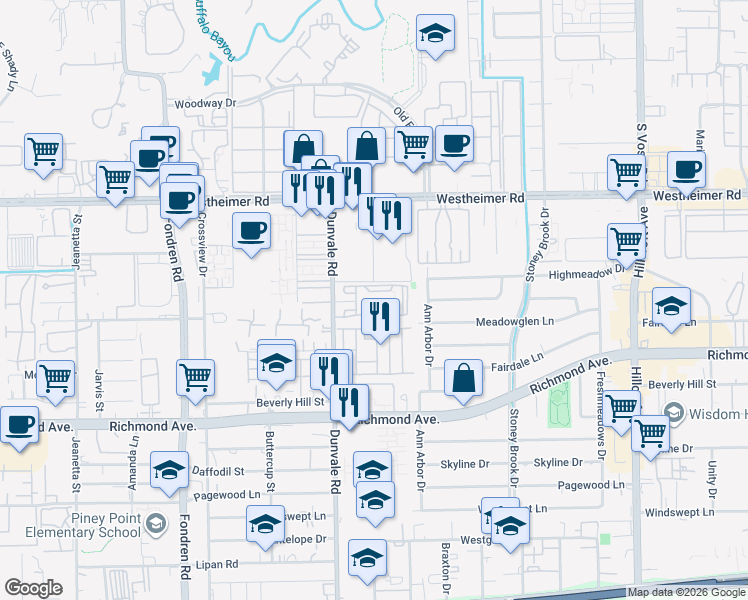 map of restaurants, bars, coffee shops, grocery stores, and more near 2827 Dunvale Road in Houston