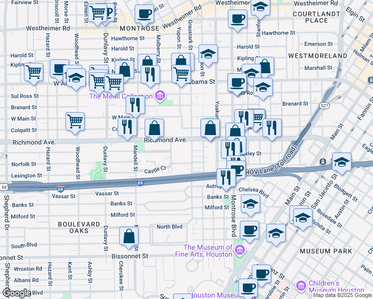 map of restaurants, bars, coffee shops, grocery stores, and more near 1301 Richmond Avenue in Houston