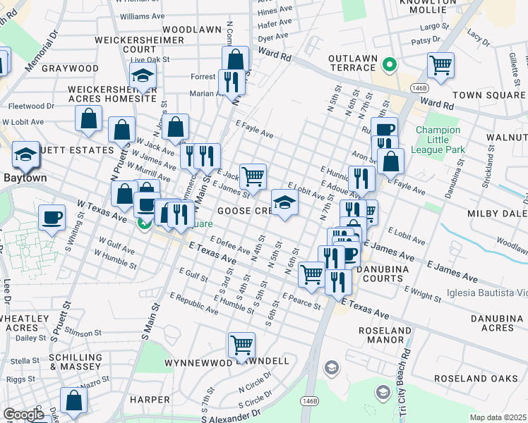map of restaurants, bars, coffee shops, grocery stores, and more near 306 East Wright Street in Baytown