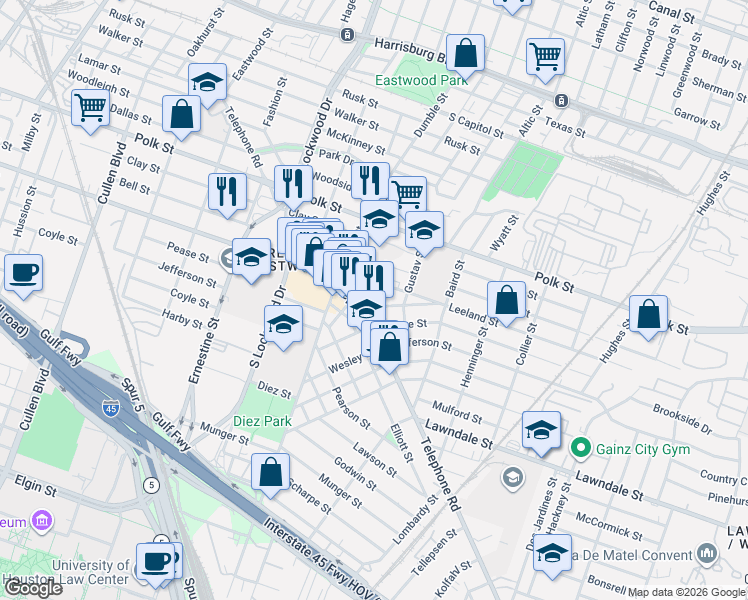 map of restaurants, bars, coffee shops, grocery stores, and more near 1021 Telephone Road in Houston