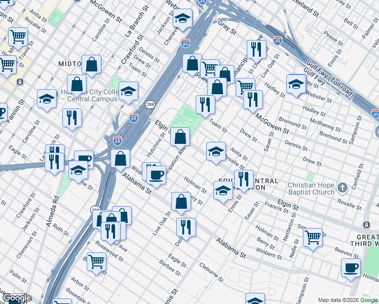 map of restaurants, bars, coffee shops, grocery stores, and more near 2406 Francis Street in Houston