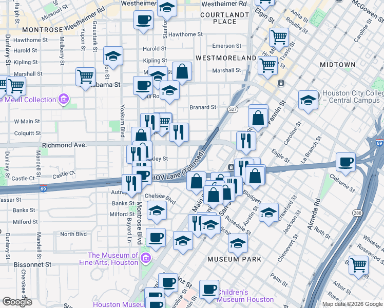 map of restaurants, bars, coffee shops, grocery stores, and more near 607 Oakley Street in Houston