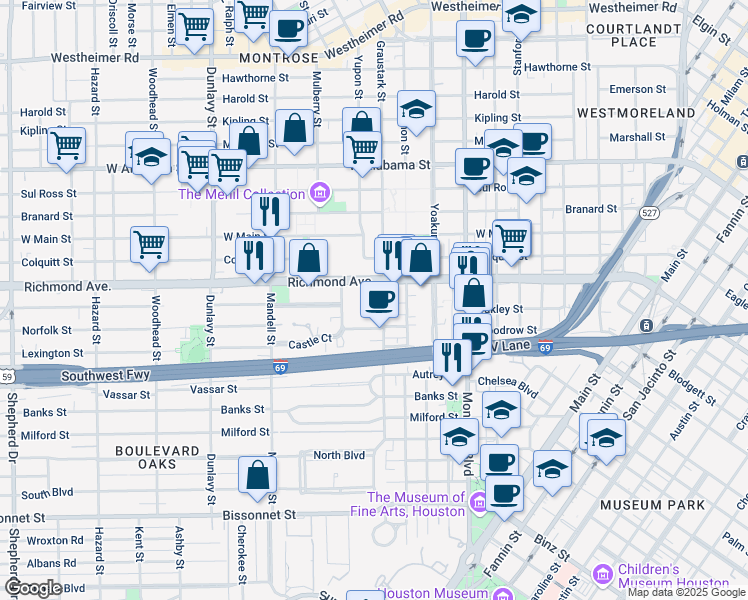 map of restaurants, bars, coffee shops, grocery stores, and more near 1312 Castle Court in Houston