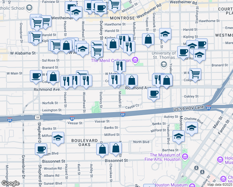 map of restaurants, bars, coffee shops, grocery stores, and more near 1610 Norfolk Street in Houston