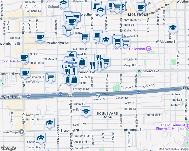 map of restaurants, bars, coffee shops, grocery stores, and more near 1835 Portsmouth Street in Houston