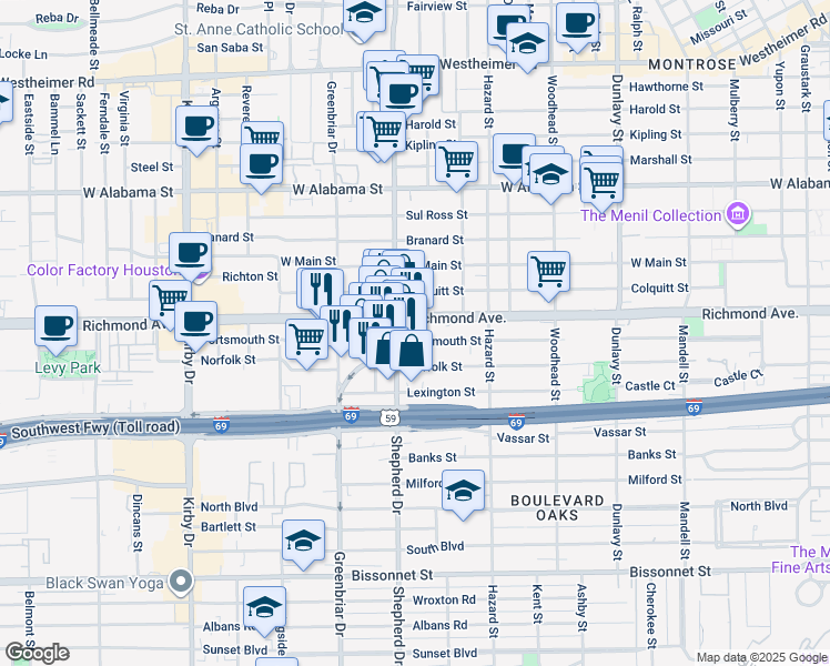 map of restaurants, bars, coffee shops, grocery stores, and more near 3701 South Shepherd Drive in Houston