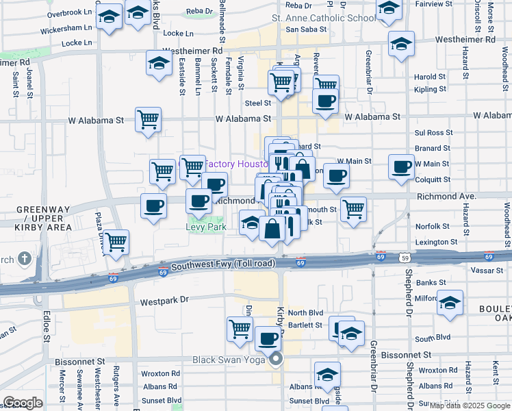 map of restaurants, bars, coffee shops, grocery stores, and more near 3730 Kirby Drive in Houston