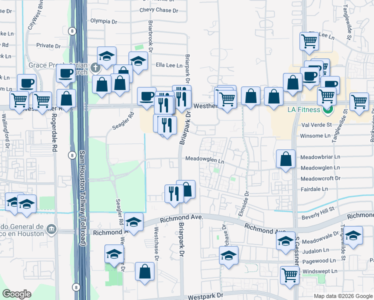 map of restaurants, bars, coffee shops, grocery stores, and more near in Houston