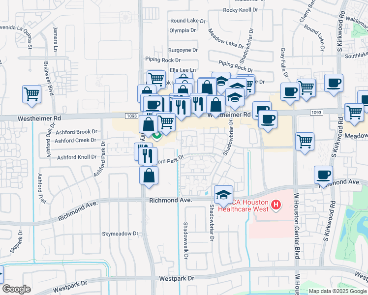 map of restaurants, bars, coffee shops, grocery stores, and more near 12440 Oxford Park Drive in Houston