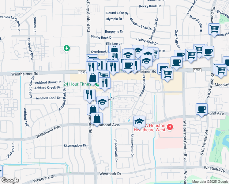 map of restaurants, bars, coffee shops, grocery stores, and more near 12430 Oxford Park Drive in Houston