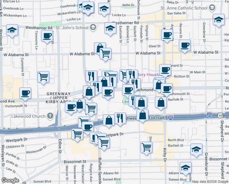 map of restaurants, bars, coffee shops, grocery stores, and more near 3121 Richmond Avenue in Houston