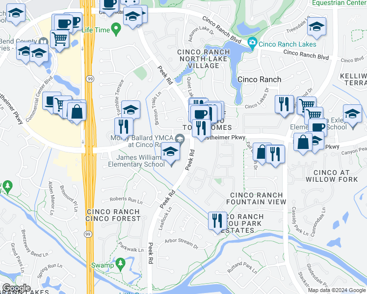 map of restaurants, bars, coffee shops, grocery stores, and more near 22807 Westheimer Parkway in Katy
