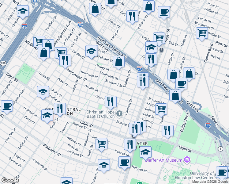map of restaurants, bars, coffee shops, grocery stores, and more near 3341 Dennis Street in Houston
