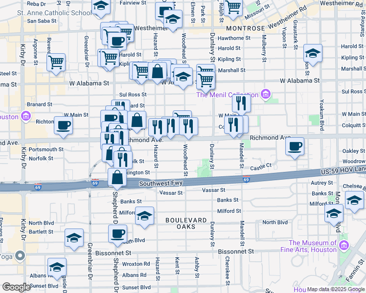 map of restaurants, bars, coffee shops, grocery stores, and more near 1804 Norfolk Street in Houston