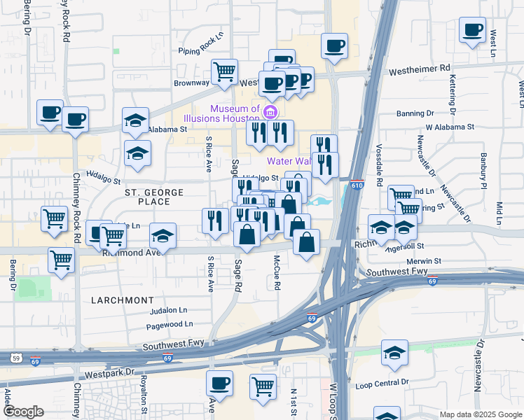 map of restaurants, bars, coffee shops, grocery stores, and more near 3000 Post Oak Boulevard in Houston