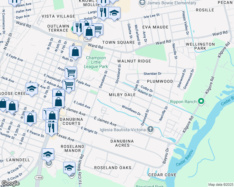 map of restaurants, bars, coffee shops, grocery stores, and more near 1500 Woodlawn Drive in Baytown