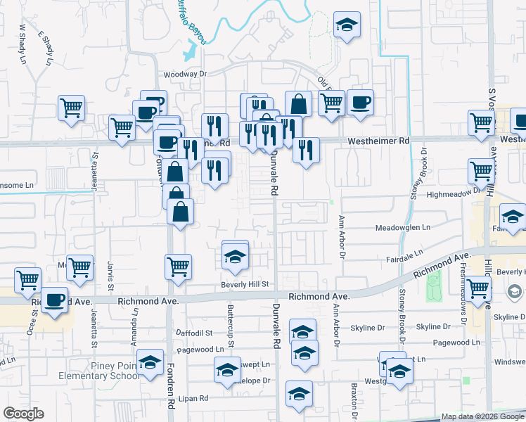 map of restaurants, bars, coffee shops, grocery stores, and more near 164 Rolido Drive in Houston