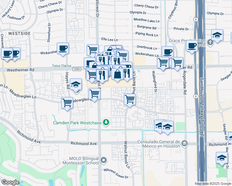 map of restaurants, bars, coffee shops, grocery stores, and more near 10940 Meadowglen Lane in Houston