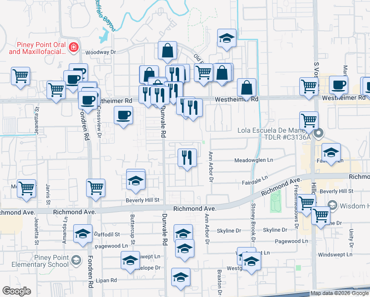 map of restaurants, bars, coffee shops, grocery stores, and more near 2827 Dunvale Road in Houston
