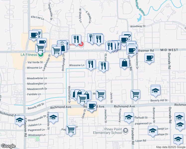map of restaurants, bars, coffee shops, grocery stores, and more near 2800 Jeanetta Street in Houston