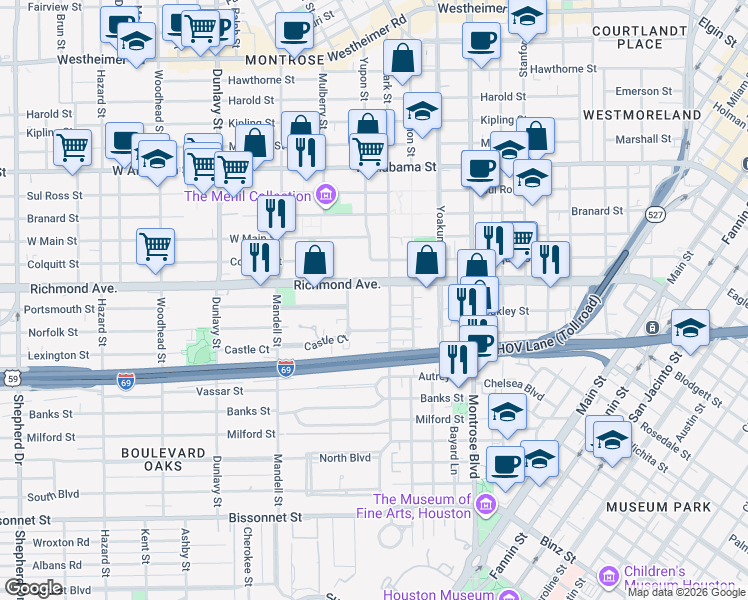 map of restaurants, bars, coffee shops, grocery stores, and more near 1301 Richmond Avenue in Houston