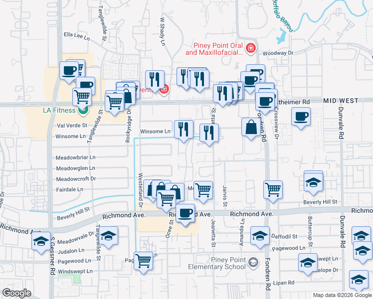 map of restaurants, bars, coffee shops, grocery stores, and more near 2800 Jeanetta Street in Houston