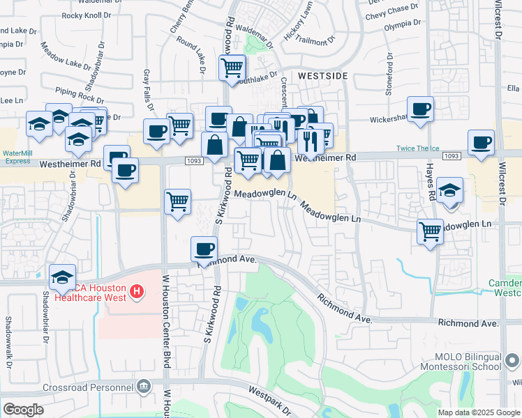 map of restaurants, bars, coffee shops, grocery stores, and more near 2602 Tudor Manor in Houston